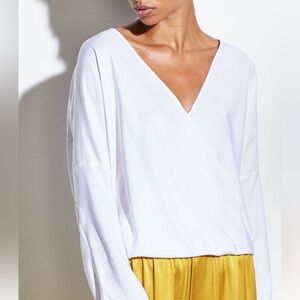Vince White Silky 100% Triacetate V-Neck Wrap-Front Long Sleeve Top